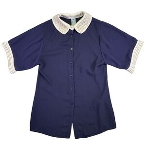 Moonlight Blouse Shirt Women's Small Studded Collar Short Sleeve Button Up Blue